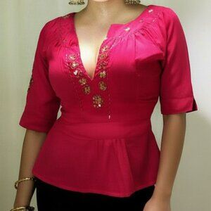 CUTE HOT PINK BLOUSE New Sequin top fuchsia and gold boho trendy shirt cotton